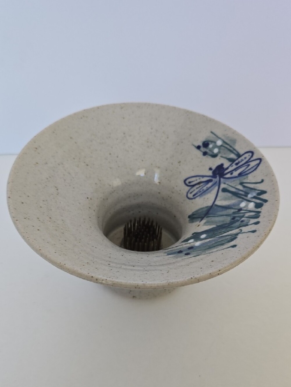 Great Bay Pottery Dragonfly Design Ikebana Flower Frog Vase - Picture 9 of 12